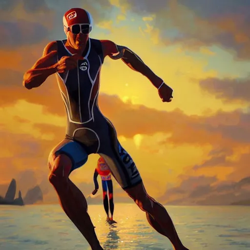 Prompt: a triathlete finishing ironman race, tired!!, dynamic action pose, intricate, highly detailed, digital painting, artstation, concept art, smooth, sharp focus, illustration, unreal engine 5, 8 k, art by artgerm and greg rutkowski and alphonse mucha