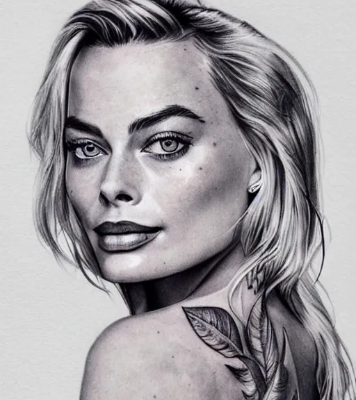 Image similar to A realistic tattoo design of margot robbie on white paper, realism tattoo design, highly detailed tattoo, shaded tattoo, hyper realistic tattoo