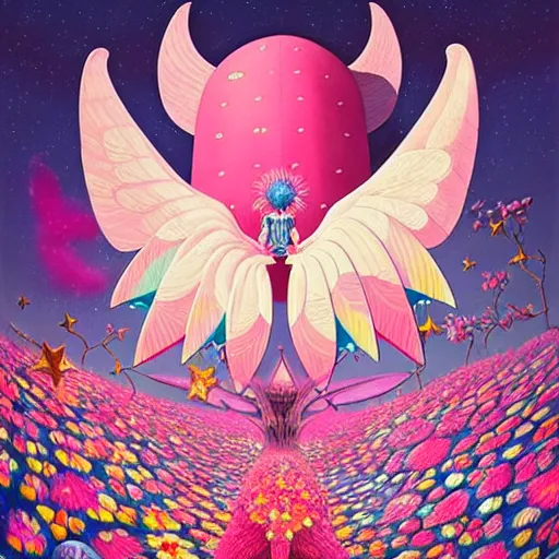 Prompt: abstract miraculous creature, giant wings, pink, flower blossoms, stars, night sky, hyper detailed, kawaii, by jacek yerka, lewandowski, hopper and gilleard, ryden, wolfgang lettl, hints of yayoi kasuma