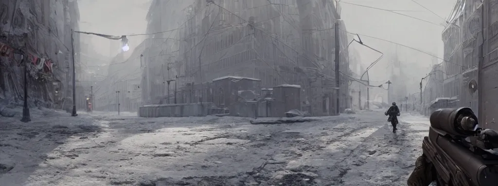 Prompt: female sniper, aiming with sniper rifle in the foreground, looking down in cold frosty russia moscow street, like concept art on artstation, hyperdetailed, vray render, octane render,