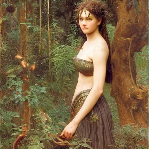 Image similar to a detailed, beautiful portrait oil painting of someone who looks a 1 8 - year old keisha castle hughes and gemma ward, with a hurt expression, wearing intricate, etched copper armor in an ancient forest, by donato giancola, john williams waterhouse, and william adolphe bouguereau