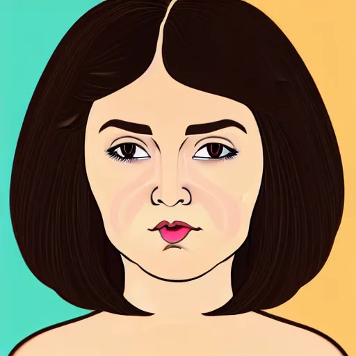 Prompt: chubby brunette woman with straight hair in a short bob, round face, romanian heritage, brown eyes, olive skin, bulbous nose, big chin, wide face, no bangs, digital art, cartoon, 8k, illustration, art nouveau, Alphonse Mucha, trending on artstation, medium shot, head shot