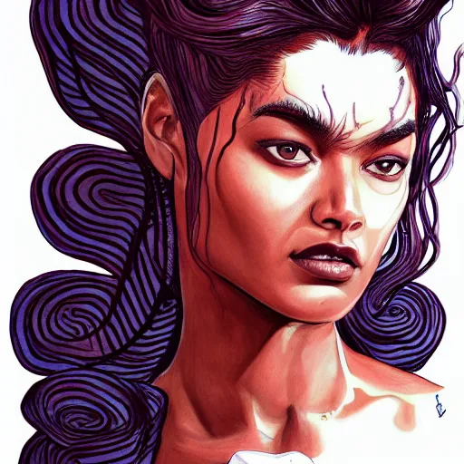 Prompt: Shanina Shaik as Medusa, snakes for hair, highly detailed, digital painting, artstation, concept art, smooth, sharp focus, illustration, art by Chris Achilleos, in the style of Medusa (1988) by Chris Achilleos.