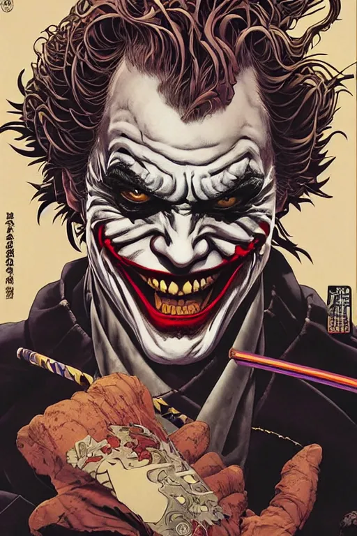 Image similar to poster of heath ledger's joker as a samurai, by yoichi hatakenaka, masamune shirow, josan gonzales and dan mumford, ayami kojima, takato yamamoto, barclay shaw, karol bak, yukito kishiro, highly detailed