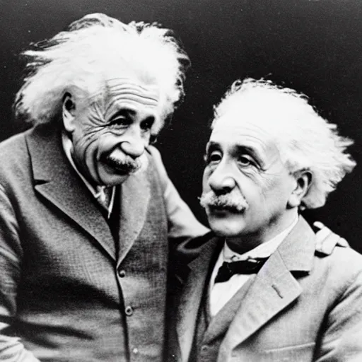 Image similar to vintage photo of Einstein and Thomas Alva Edison fighting