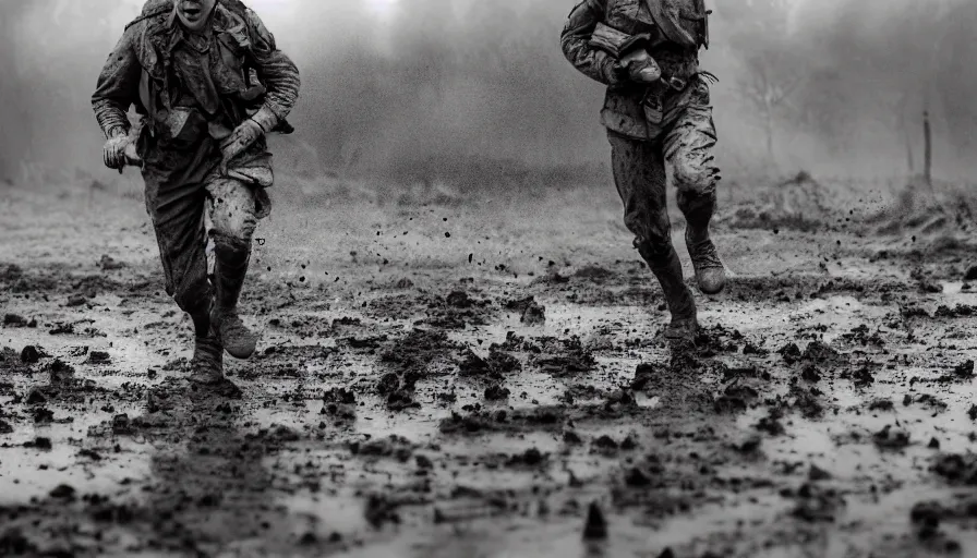 Image similar to screaming World War 1 soldier running away, wartorn landscape, lots of mud puddles and craters, bullet motion blur, dirty lens, cinematic lighting, IMAX close-up of face, cinematography, 35mm