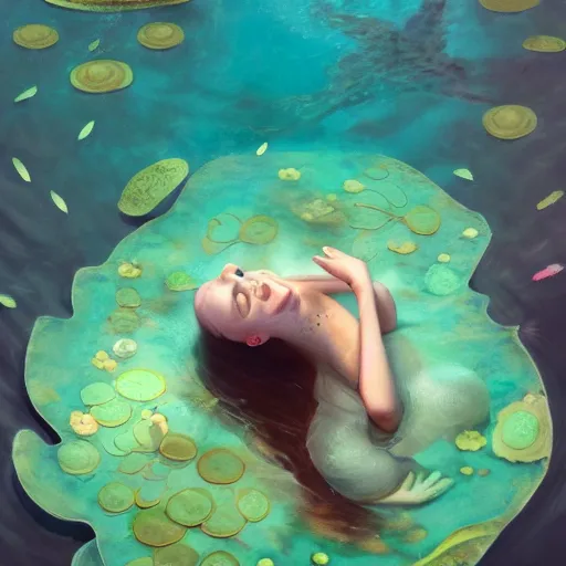 Image similar to A woman submerged underwater, you can only see her face from an aerial view with lily pads surrounding her as her hand reaches out to you, artistic digital art, very opaque, gloomy style, oil paints and pastel highlights, trending on artstation, artstationHD, artstationHQ, 4k, 8k