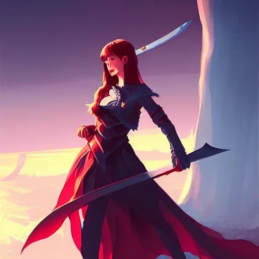 Prompt: a woman holding a sword with a dragon on it, concept art by Ilya Kuvshinov, contest winner, fantasy art, official art, concept art, high detail, experimental, high quality, 4k