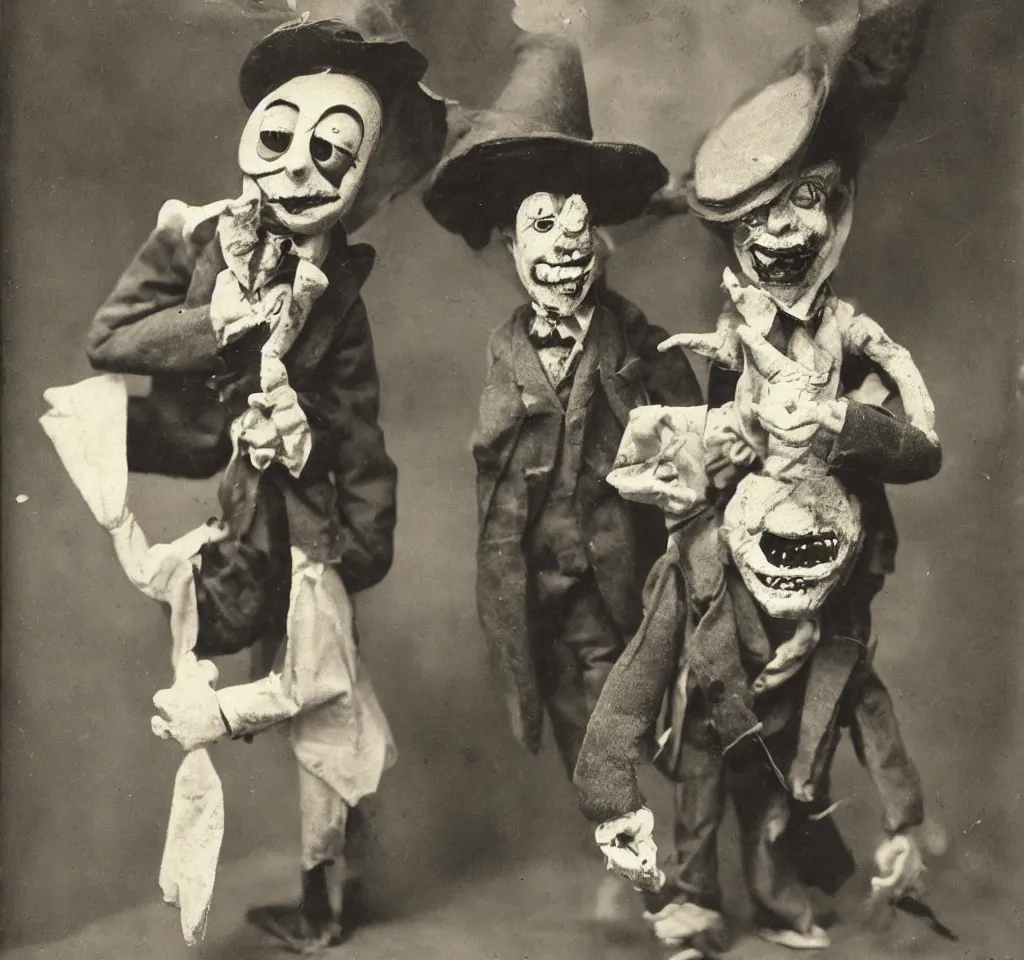 Image similar to a ventriloquist figure wearing a funny hat, ventriloquist dummy head, smiling, photograph, style of atget, nightmare, concept art, creepy, antique