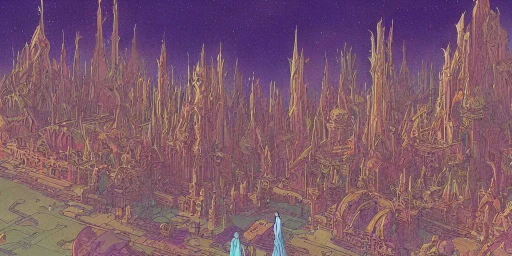 Image similar to cel shaded cinematic shot, matte illustration, the interior of a scifi space station with ornate elven architecture bustling with people, epic castle, emerald, crystalline, detailed illustration, sharp focus, crisp lines, art by moebius, jean giraud moebius comic illustration