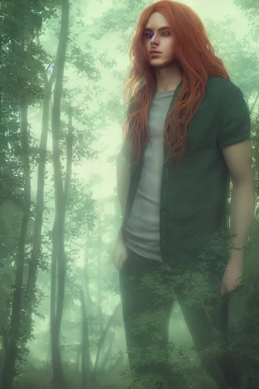 Image similar to pretty young man with long golden hair, trees, detailed forest background, webtoon, breathtaking scenery, colourful, 8 k, graphic novel, digital art trending on artstation, volumetric lighting, octane render, cinematic, hyper detailed, magical atmosphere