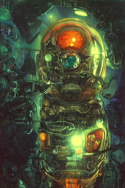 Image similar to closeup portrait of a transparent cyborg ( hamster ) with glowing veins, in crushed ship interior, cinematic light, backlight glow, red green, mist, by mikhail vrubel, by philippe druillet, by peter elson, by gerald brom, muted colors, extreme detail, trending on artstation, 8 k