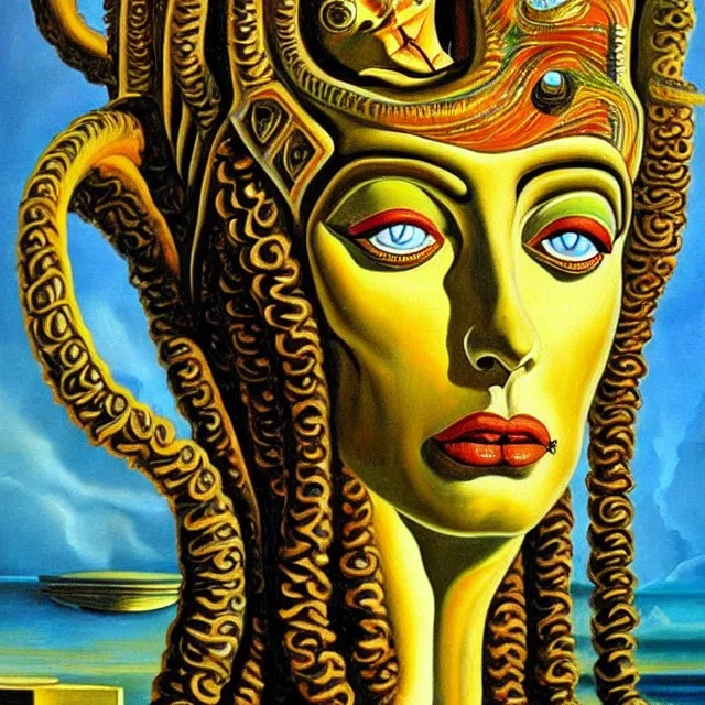 Image similar to a beautiful painting cthulhu mythos robot queen of egypt medusa face, by salvador dali realistic oil painting