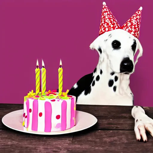 Image similar to photo of dalmatian dog with birthday hat eating a birthday cake,