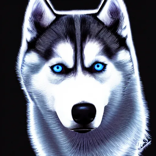 Image similar to a husky wearing a black jacket with blue eyes, art station