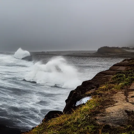 Prompt: storm hitting the coast line, massives waves breaking on cliffs, foggy atmosphere with mist