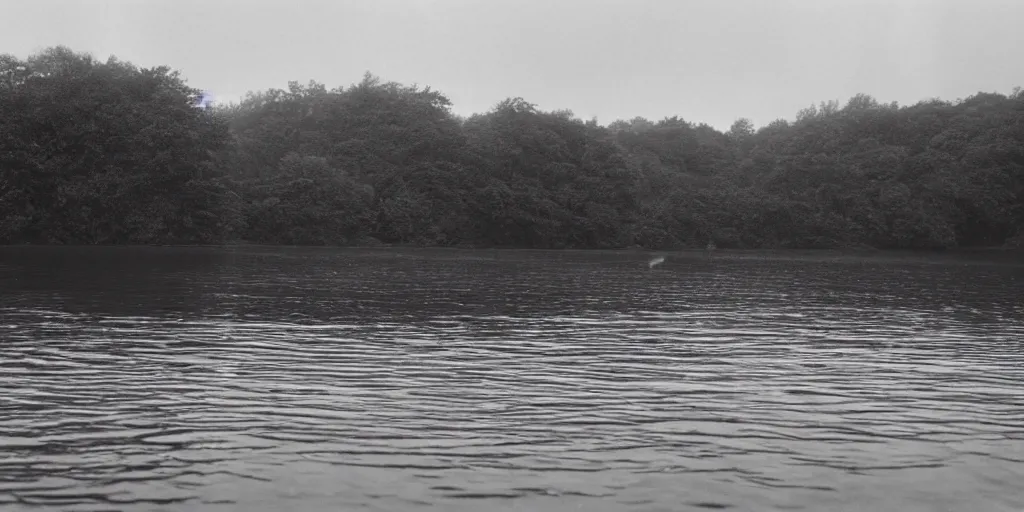 Image similar to an infinitely long rope zig - zagging across the surface of the water into the distance, floating submerged rope stretching out towards the center of the lake, a dark lake on an overcast day, rocky shore foreground, directed by stanley kubrick, atmospheric, color film, trees in the background, hyper - detailed photo, anamorphic lens