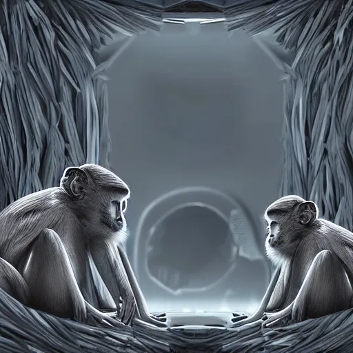 Prompt: two macaques looking at each other inside alien base, digital art, soft shadows, creepy art