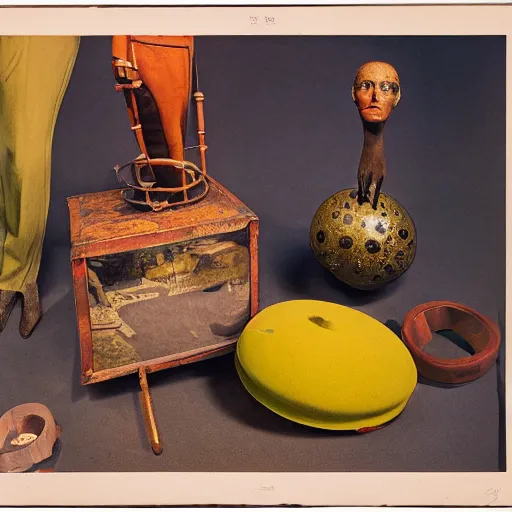 Image similar to A three color offset photography of surrealist objects on display, anthropology of wonder, surrealisme, exotic artifacts, colonial expedition, catalog exhibition, 60s style