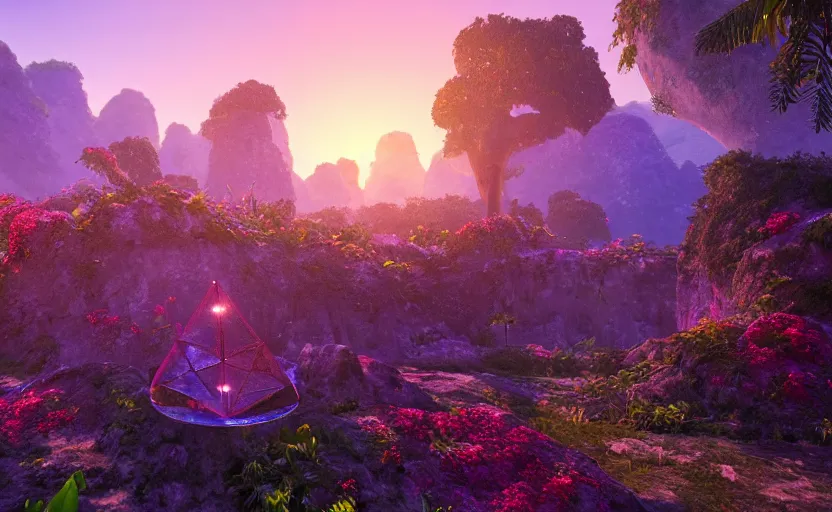 Prompt: a crystal tetrahedron!!! in the middle of ancient ruins in a lush prehistoric jungle, inside a humongous cave, red and magenta flowers, sunset, godrays, orange and blue sky, haze, volumetric lighting, a high - quality render, photorealistic, unreal engine 5