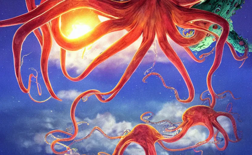 Image similar to a realistic cell - shaded studio ghibli concept art from paprika ( 2 0 0 6 ) of a flying intelligent multi - colored octopus from close encounters of the third kind ( 1 9 7 7 ) and a dimensional portal to another world in a flooded forest valley on a misty starry night. very dull colors, wide shot, hd, 4 k, hq