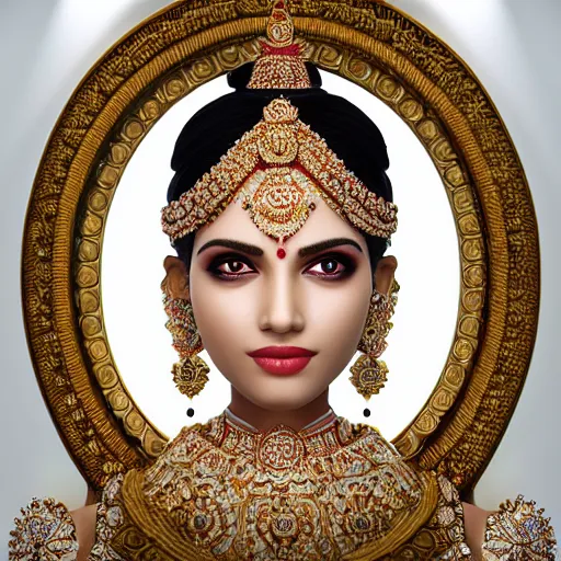 Image similar to portrait of wonderful hindi princess of diamond with radiant skin, ornate with diamonds, 8 k, gorgeous, intricate, detailed, glowing white accent lighting, dramatic lighting, octane render