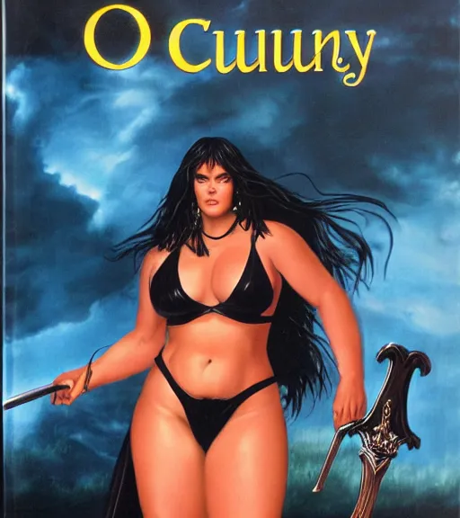 Image similar to 1 9 8 0 s fantasy novel book cover, bbw plus size amazonian young courtney cox in extremely tight bikini armor wielding a cartoonishly large sword, exaggerated body features, dark and smoky background, low quality print