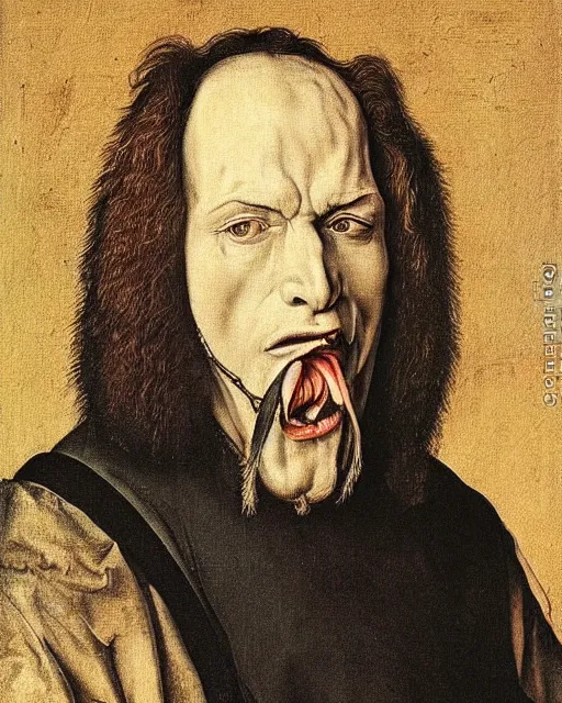 Image similar to a portrait of gene simmons painted by albrecht durer, highly detailed
