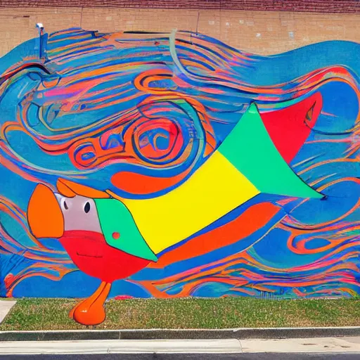 Image similar to by howard schatz, by richard scarry mild. a beautiful street art of a large, colorful bird with a long, sweeping tail. the bird is surrounded by swirling lines & geometric shapes in a variety of colors