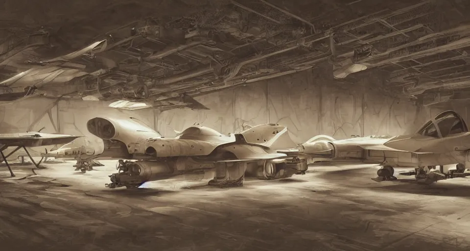 Image similar to inside the hangar of a starship, pilots run towards a fighter craft, photo sepia tone, realistic, detailed, hyperrealistic, dark sci - fi, by rutkowski, 8 k, artstation