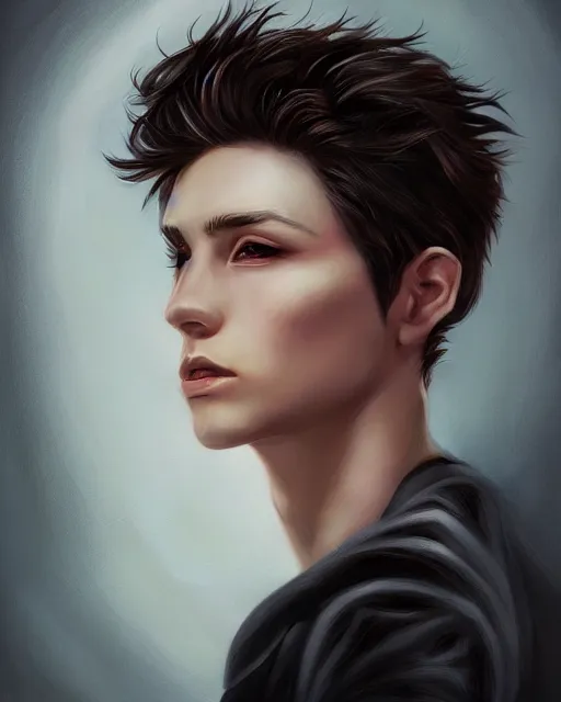 Image similar to portrait painting of an androgynous 2 2 year old with short dark curly hair and pale skin, dark eyeliner, artgerm, deviantart, artstation