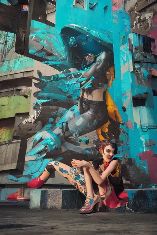 Image similar to punk girl sitting on extreme 3 d graffiti tag mural maximalism by atey ghailan, by greg rutkowski, by joe fenton, yellow, brown, black and cyan color scheme, octane render