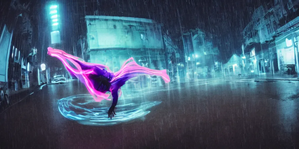 Image similar to fisheye lens slow motion with trail effect of futuristic break dancer wearing floating long dress with neon lights, long exposure shot , at night in the middle of a rainy street, paddle of water, steam, fog, water splashes, rim lights, glossy reflections, water droplets on lens, octane render, dark and dramatic, explosions in the background, detailed and soft, fisheye lens, smooth, sharp focus, illustration, art by artgerm and greg rutkowski and Makoto shinkai