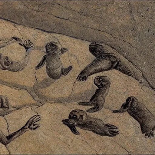 Prompt: a baby seal god being worshipped by prehistoric humans, prehistoric cave art