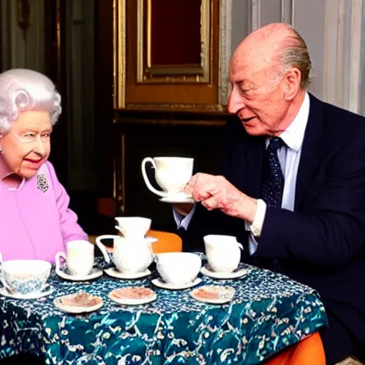 Prompt: queen elizabeth drinking tea with piero angela