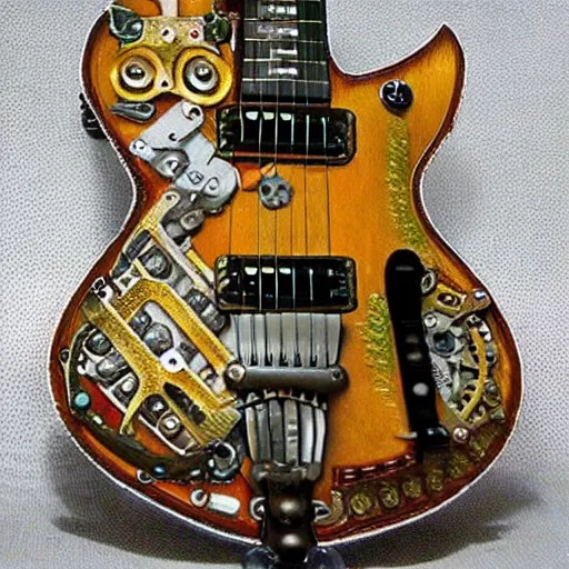 Prompt: photo of a steampunk electric guitar with ornaments and gems, ultra realistic, mucha, art deco