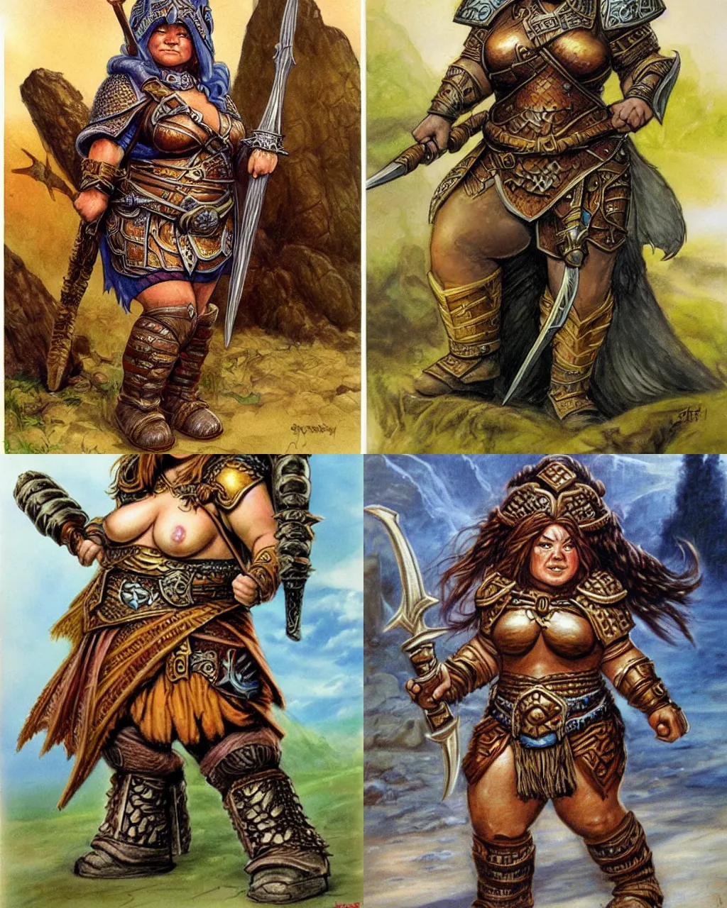 Prompt: female dwarven warrior, chubby short stature, elaborate hair, by jeff easley