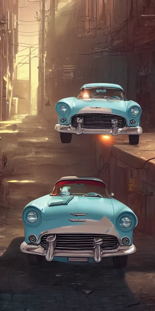 Image similar to a wholesome animation key shot of a focused old 1955 Ford Thunderbird car parked in an abandoned alleyway, medium shot, waist up, studio Ghibli, Pixar and Disney animation, sharp, very detailed, high resolution, Rendered in Unreal Engine 5, anime key art by Greg Rutkowski, Bloom, dramatic lighting