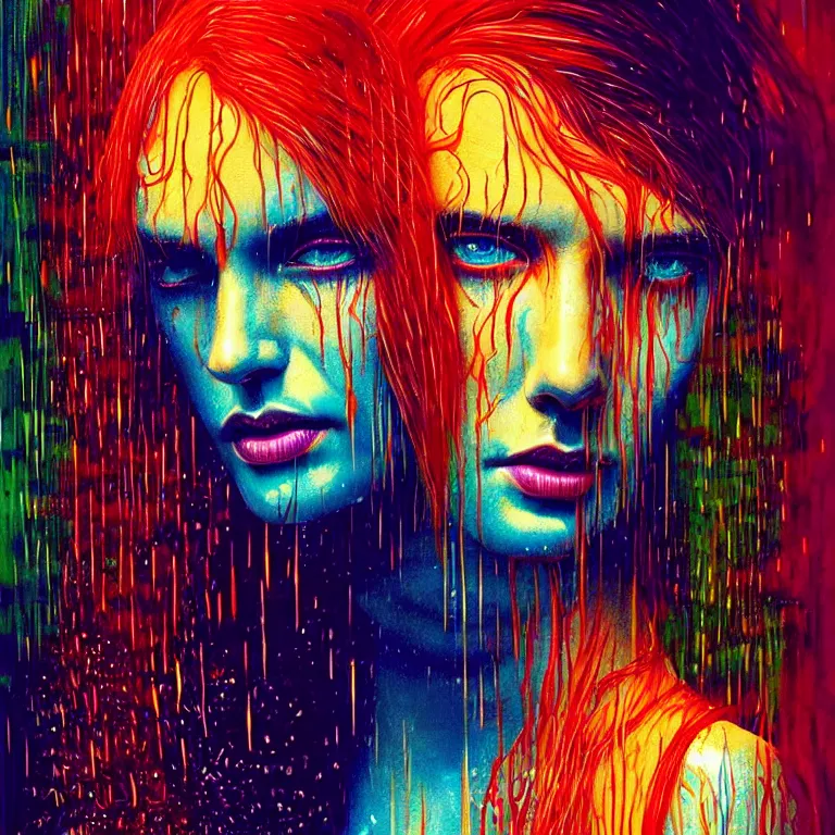 Image similar to bright asthetic portrait of LSD in rain with wet hair and face, liquid, fantasy, intricate, elegant, dramatic lighting, highly detailed, lifelike, photorealistic, digital painting, artstation, illustration, concept art, smooth, sharp focus, art by John Collier and Albert Aublet and Krenz Cushart and Artem Demura and Alphonse Mucha