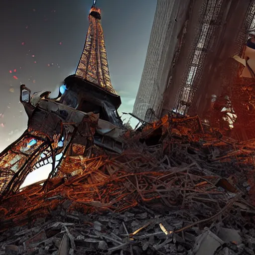 Image similar to A beautiful intricate 8K award-winning ground-level cinematic movie photograph of the future rusting rubble of the fallen and decimated Eiffel Tower, lying in pieces on the ground, surrounded by neon and collapsing corporate video billboard displays. in the year 2050, by Bruno Delbonnel and greg rutkowski. octane render, Arri Alexa 65. Cinematic lighting