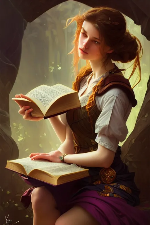 Image similar to photography alexey kurylev, a girl reading a book, gentle, deep focus, d & d, fantasy, complex, elegant, highly detailed, digital painting, artstation, concept art, matte, clear focus, illustration, hearthstone, artgerm art, greg rutkovsky and alphonse mucha