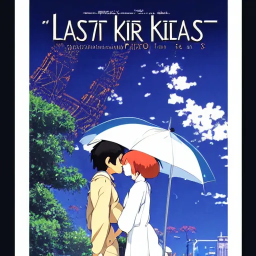 Image similar to film still Poster of the last kiss in paris, by Dice Tsutsumi, Makoto Shinkai, Studio Ghibli, playstation 2 printed game poster cover, cover art, poster, poster!!!