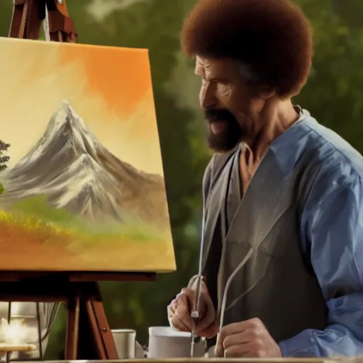 Prompt: a closeup photorealistic photograph of bob ross working on a canvas painting of dr. strange. film still. brightly lit scene. mountains and trees. this 4 k hd image is trending on artstation, featured on behance, well - rendered, extra crisp, features intricate detail, epic composition and the style of unreal engine.