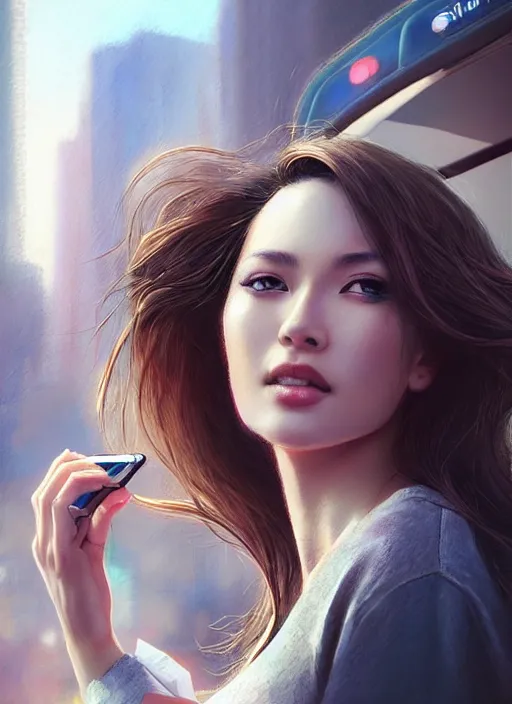 Prompt: a beautiful woman stands at a bus stop in the early morning, calls on the phone, around the city, the road, sharp focus, 8 k high definition, insanely detailed, intricate, elegant, art by stanley lau and artgerm, floating embers