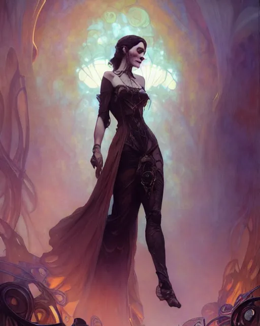 Image similar to daniel gerhartz, wlop, tom bagshaw, alfons mucha, detailed portrait digital painting of a beautiful serious villainess wearing fantasy clothing like liliana vess, villainess has black angel wings, evil mood, hellish battlefield in the background, embers flying, unreal engine, hyper realism, realistic shading, cinematic composition, blender render, ultrawide shot