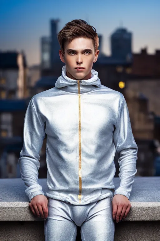 Image similar to un ultra high definition studio quality photographic art portrait of a young man standing on the rooftop of a british apartment building wearing soft padded silver pearlescent clothing. three point light. extremely detailed. golden ratio, ray tracing, volumetric light, shallow depth of field. set dressed.