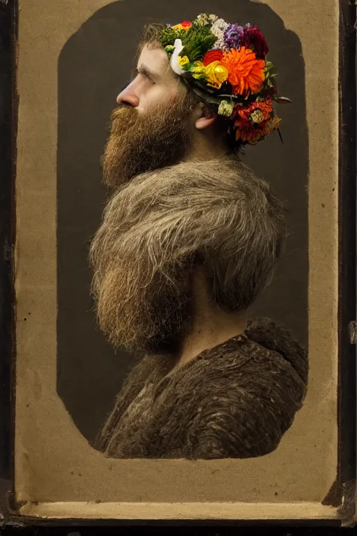 Image similar to a man's face in profile, long beard, a helmet made of flowers and fruit, in the style of the Dutch masters and Gregory crewdson, dark and moody