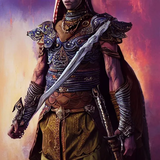 Image similar to a arab warrior with an arabian outfit, by alex gray and android jones, karol bak, ayami kojima, amano, moebius, concept art, character design, fantasy, 3 d, 8 k resolution