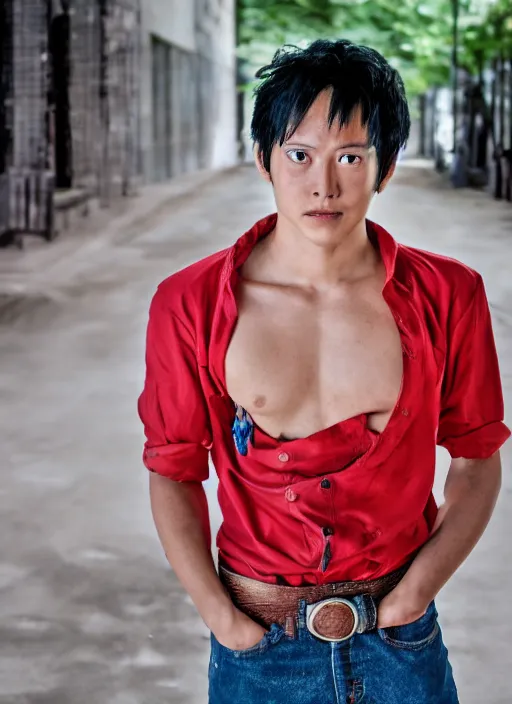 Image similar to A full portrait photo of real-life luffy one piece, f/22, 35mm, 2700K, lighting, perfect faces.