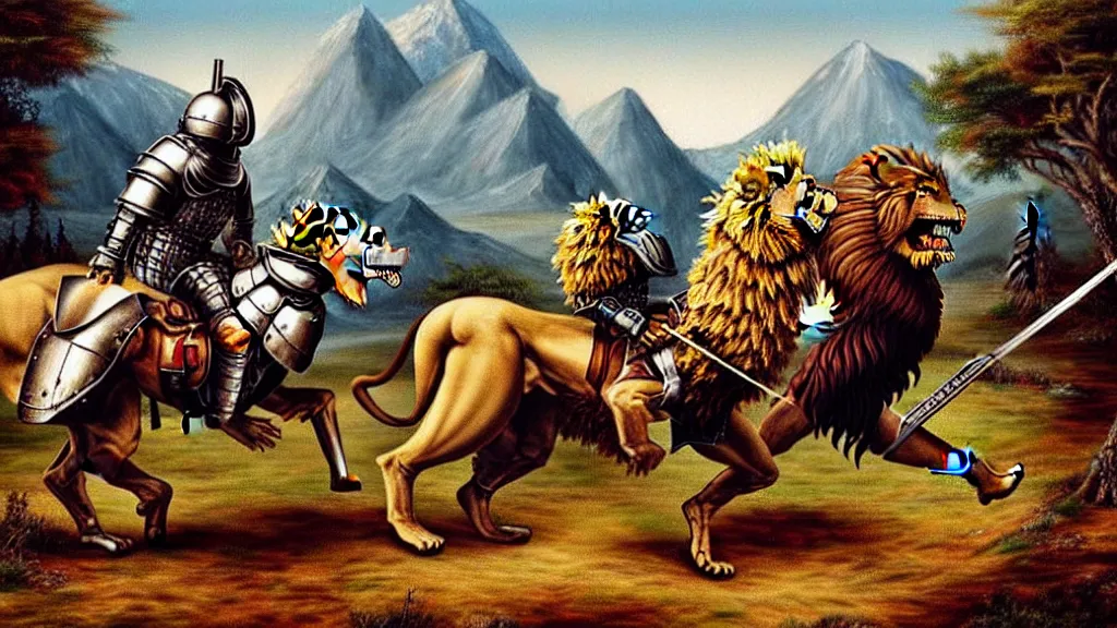 Image similar to fully armored knight wielding an automatic weapon fighting a lion in a medieval setting, painted by bob ross